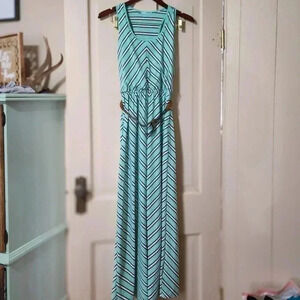 Maurices Teal Chevron Maxi Dress - Size Small - with Braided Belt